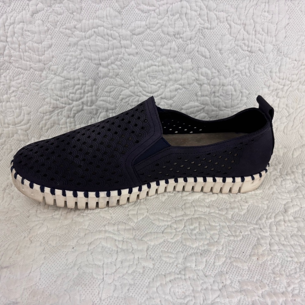 Mens Ilse Jacobsen Tulip Flats Slip On Microfiber Cut Outs Navy EU43/US 9-9.5 - Picture 5 of 9